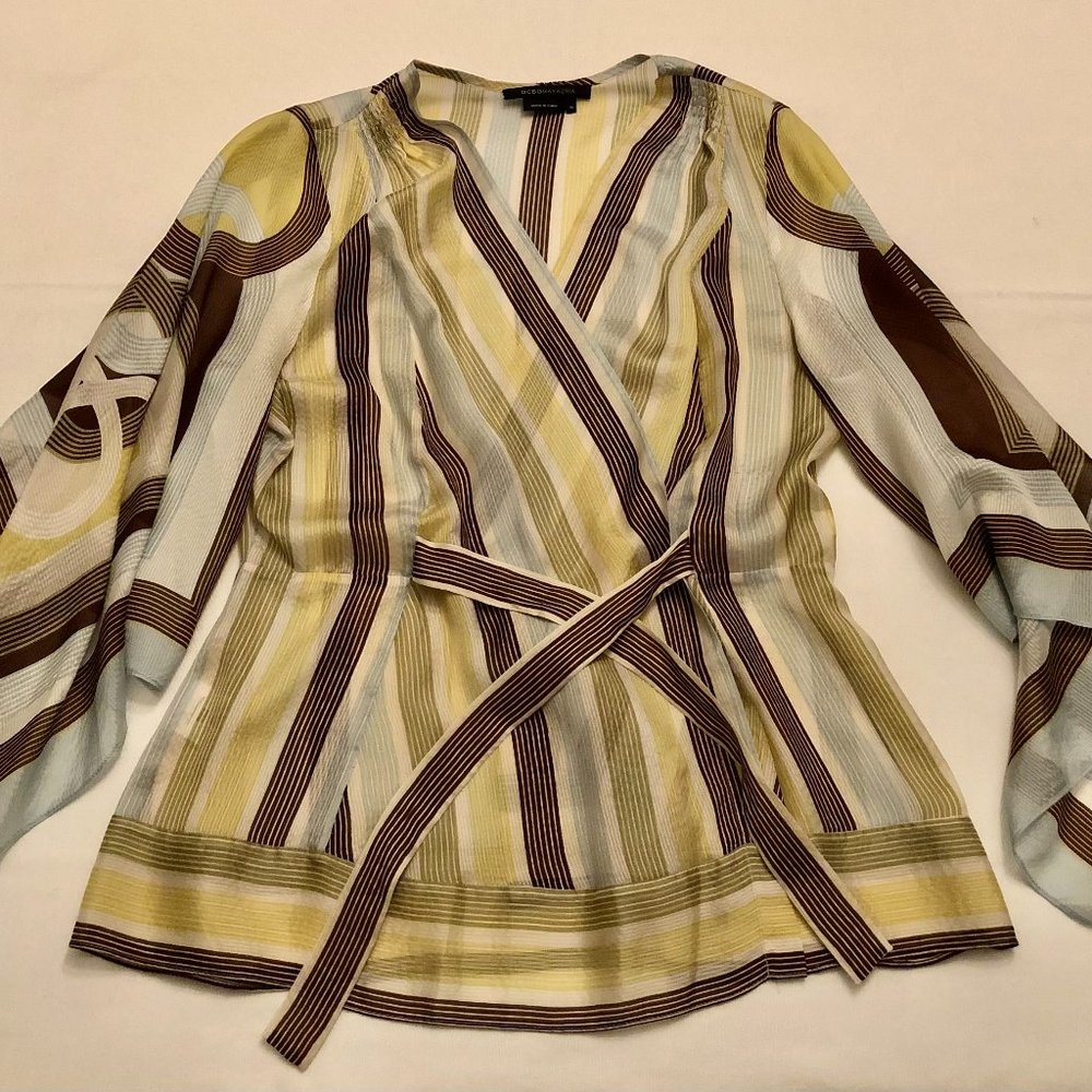 BCBG MAXAZRIA Silk Wrap Front Top - Long Sleeves - 100% Silk - Blue Green Brown